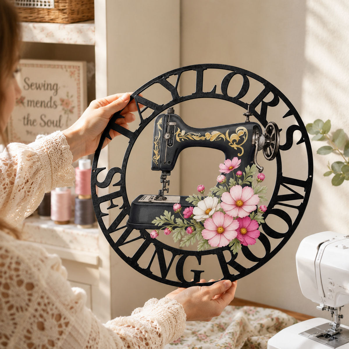 Sewing Room, Sewing Machine With Birth Flower - Personalized Metal Sign