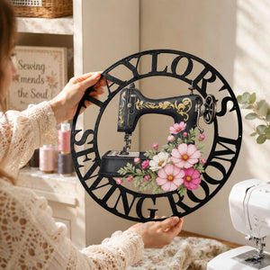 Sewing Room, Sewing Machine With Birth Flower - Personalized Metal Sign