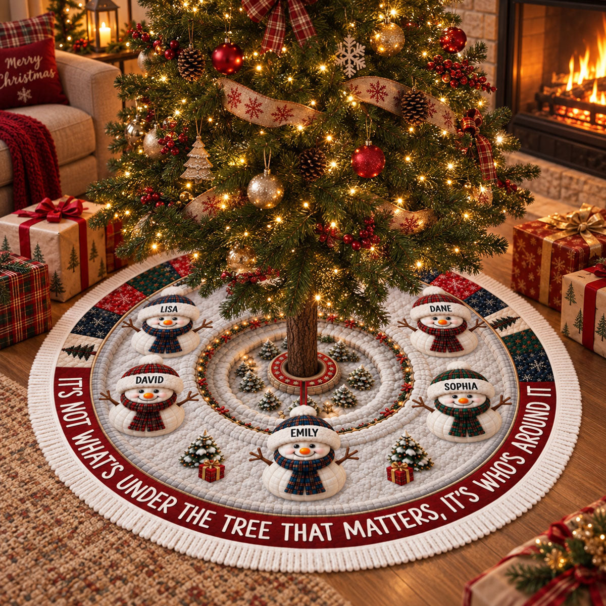 Custom Snowman Tree Skirt - Personalized Christmas Birthday Gifts For Mom, Dad, Brother, Sister