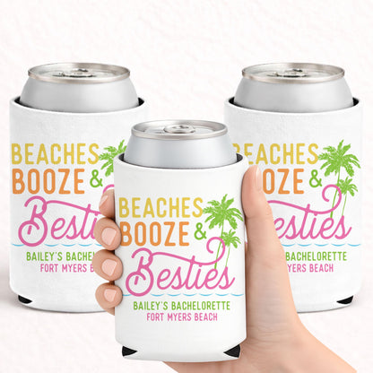 Personalized Beach Booze & Besties Can Coolers, Beach Bachelorette and Girls Trip Party Favors