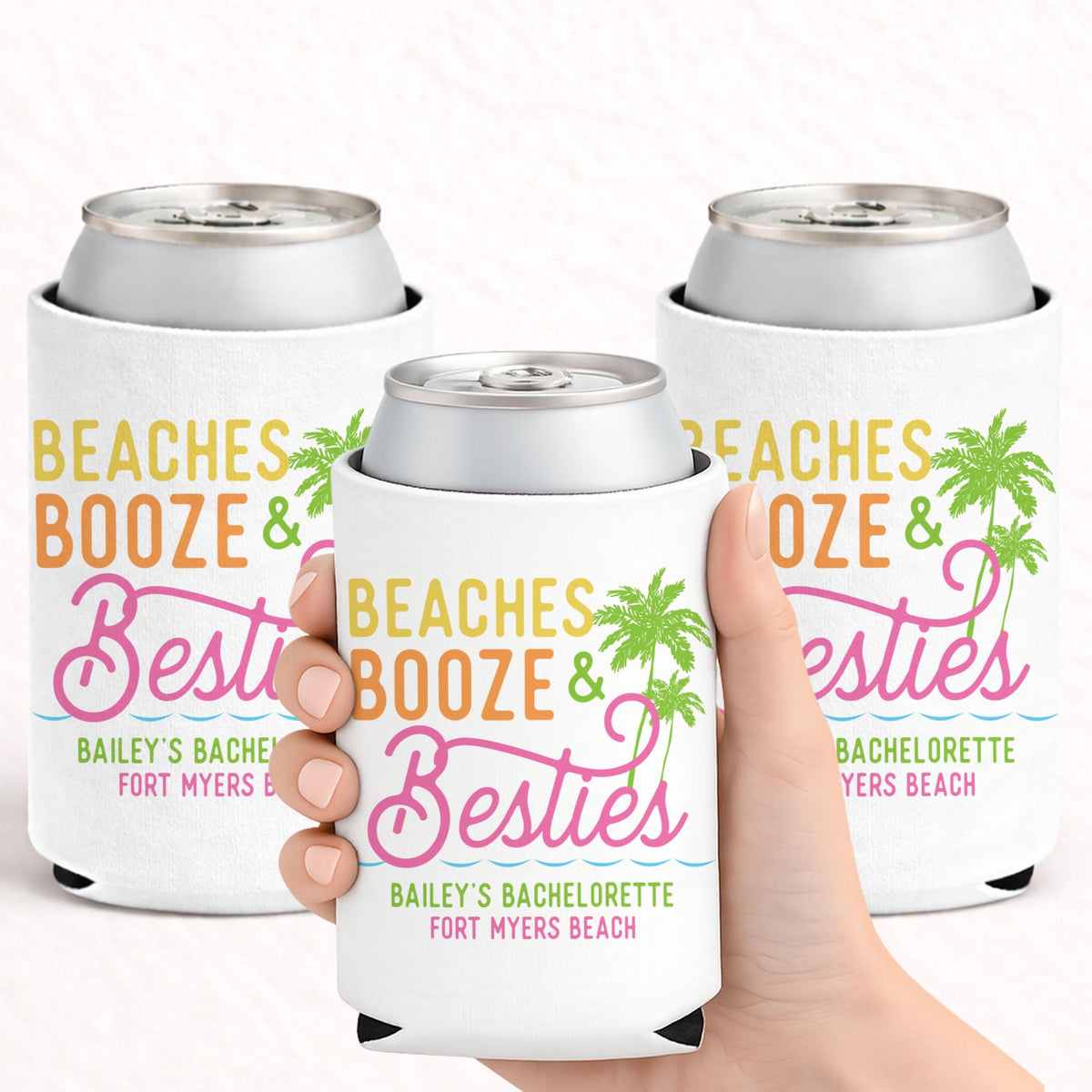Personalized Beach Booze & Besties Can Coolers, Beach Bachelorette and Girls Trip Party Favors