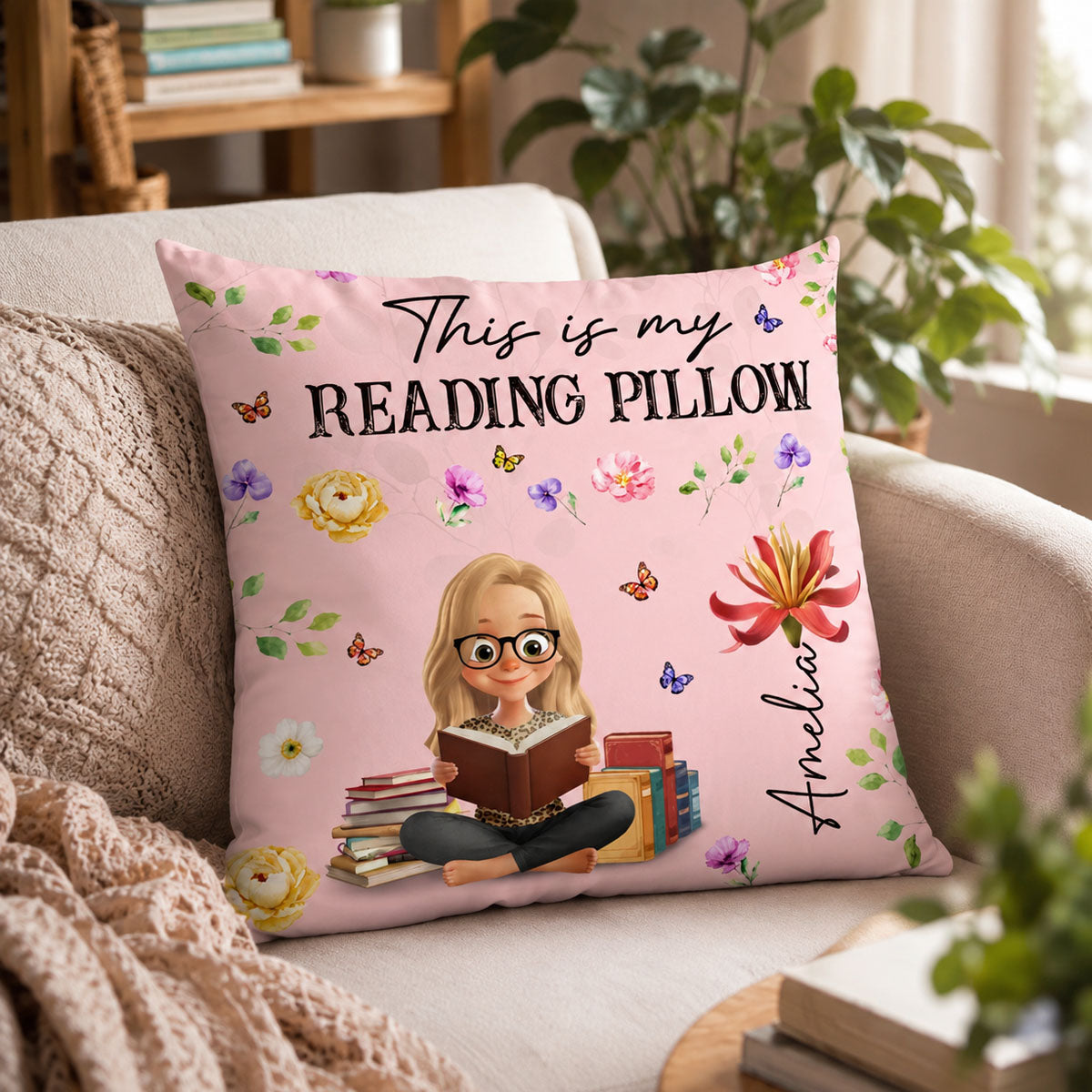 Custom Flower Pillow - Personalized Bookish Gifts For Book Lovers, Bookworms, Readers - Reading Is My Therapy