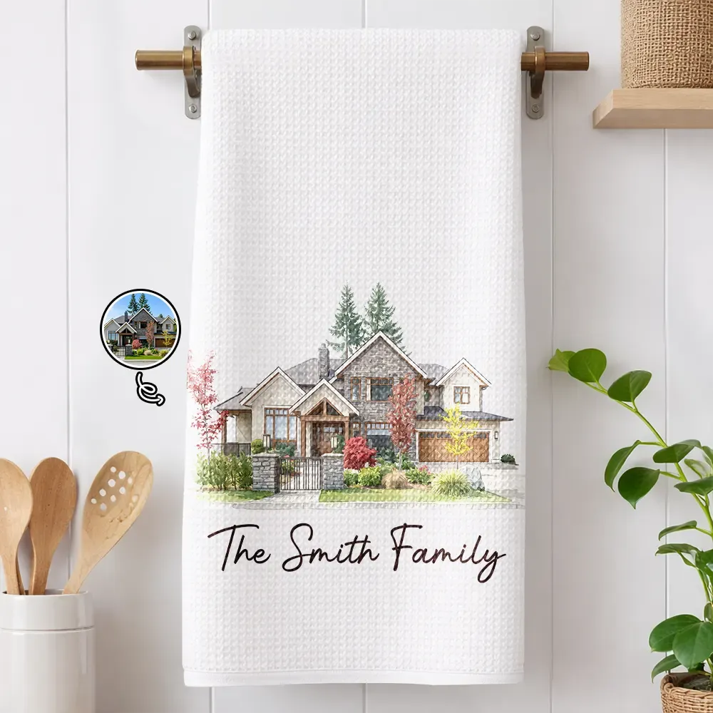 Custom Photo Colored Pencil Sketch Our First Home Family Parents - Personalized Kitchen Towel