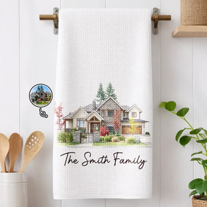 Custom Photo Colored Pencil Sketch Our First Home Family Parents - Personalized Kitchen Towel