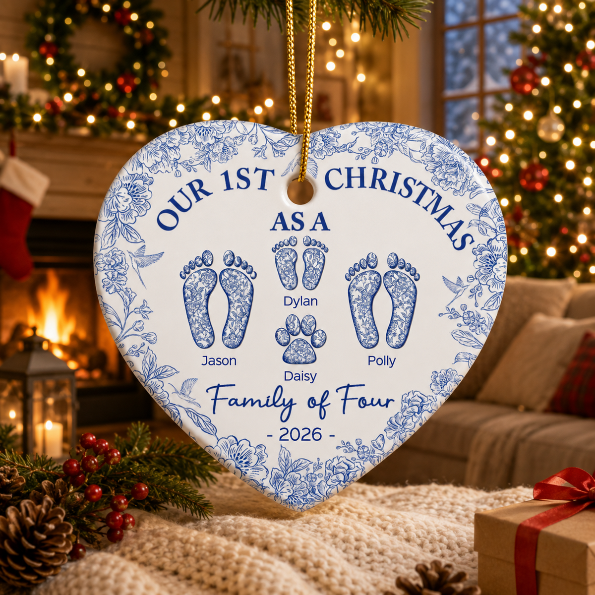 First Christmas As A Family Of Four Toile Footprints - Personalized Heart Ceramic Ornament