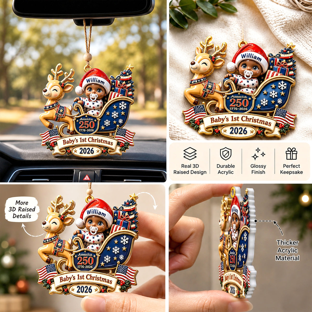 Baby's 1st Christmas In Sleigh America 250th Anniversary - Real 3D Raised Ornament