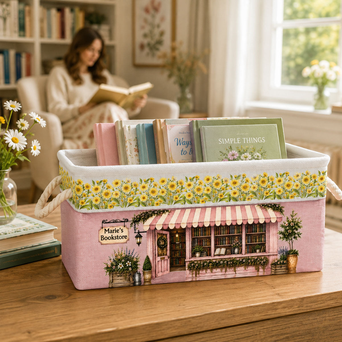 Book Lovers Corner Bookshop With Birth Month Flower - Personalized Storage Basket