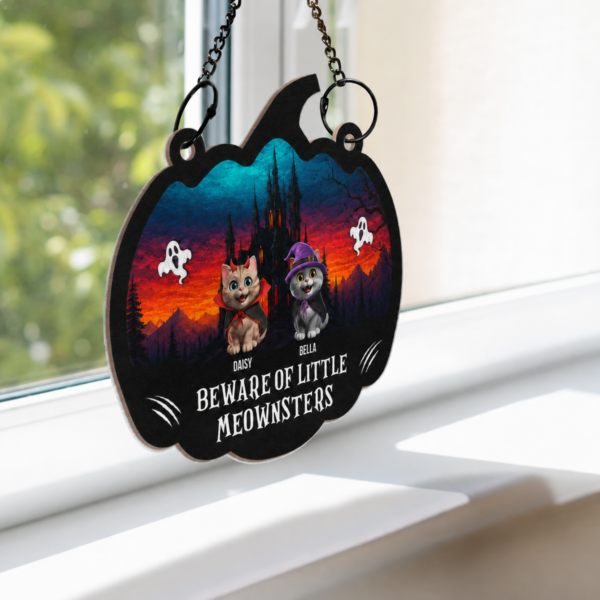Beware Of Little Meownsters - Personalized Window Hanging Suncatcher Ornament - Halloween Gift For Family, Gift For Cat Lovers