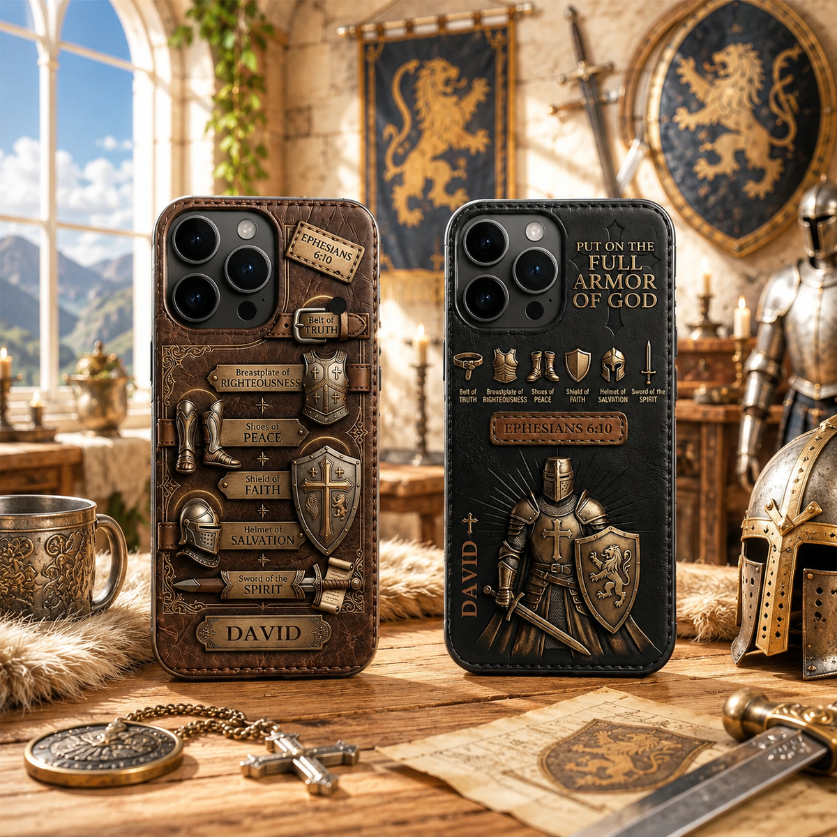 Personalized Armor of God Phone Case, Christian iPhone Case for Men, Ephesians 6:10 Scripture Case, Custom Name Leather Armor Design, Faith Gift