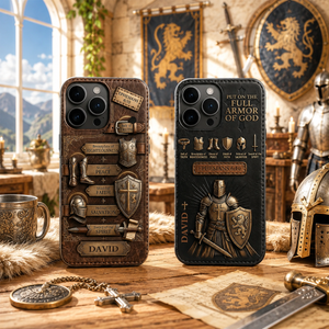 Personalized Armor of God Phone Case, Christian iPhone Case for Men, Ephesians 6:10 Scripture Case, Custom Name Leather Armor Design, Faith Gift