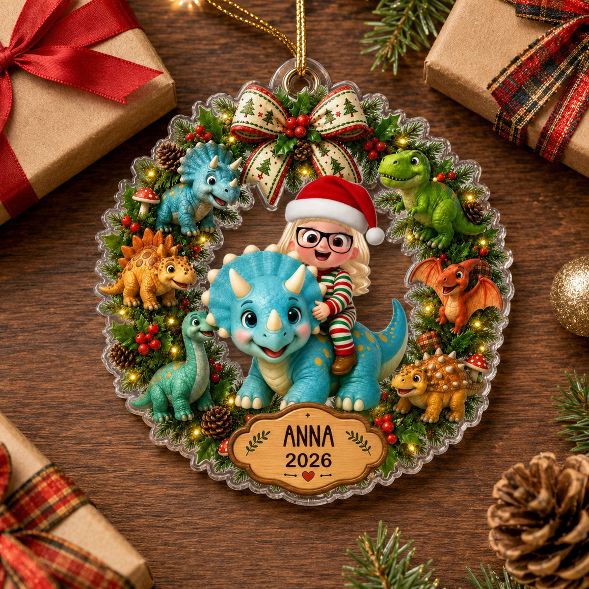 Cute Cartoon Kid With Dinosaur - Personalized Acrylic Ornament - Christmas Gift For Boys, Girls