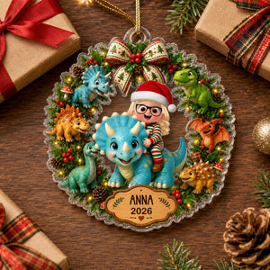 Cute Cartoon Kid With Dinosaur - Personalized Acrylic Ornament - Christmas Gift For Boys, Girls
