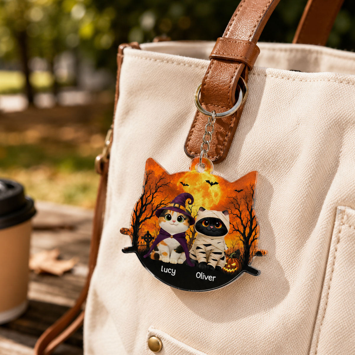 Halloween Cat Face Shaped - Personalized Acrylic Keychain - Halloween Gift For Cat Lovers