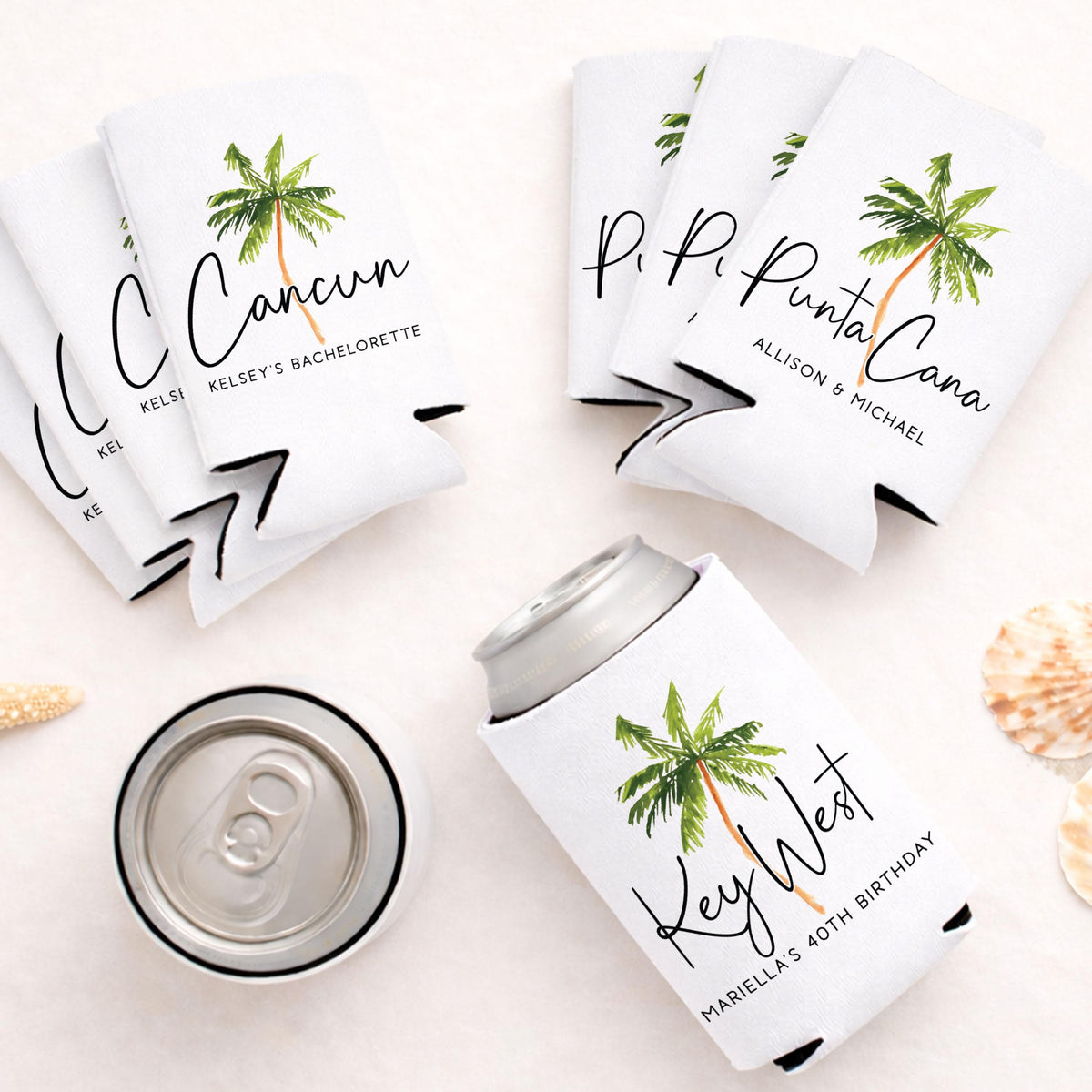 Custom Palm Tree Destination Can Coolers, Personalized Tropical Wedding Favors, Beach Family Vacation