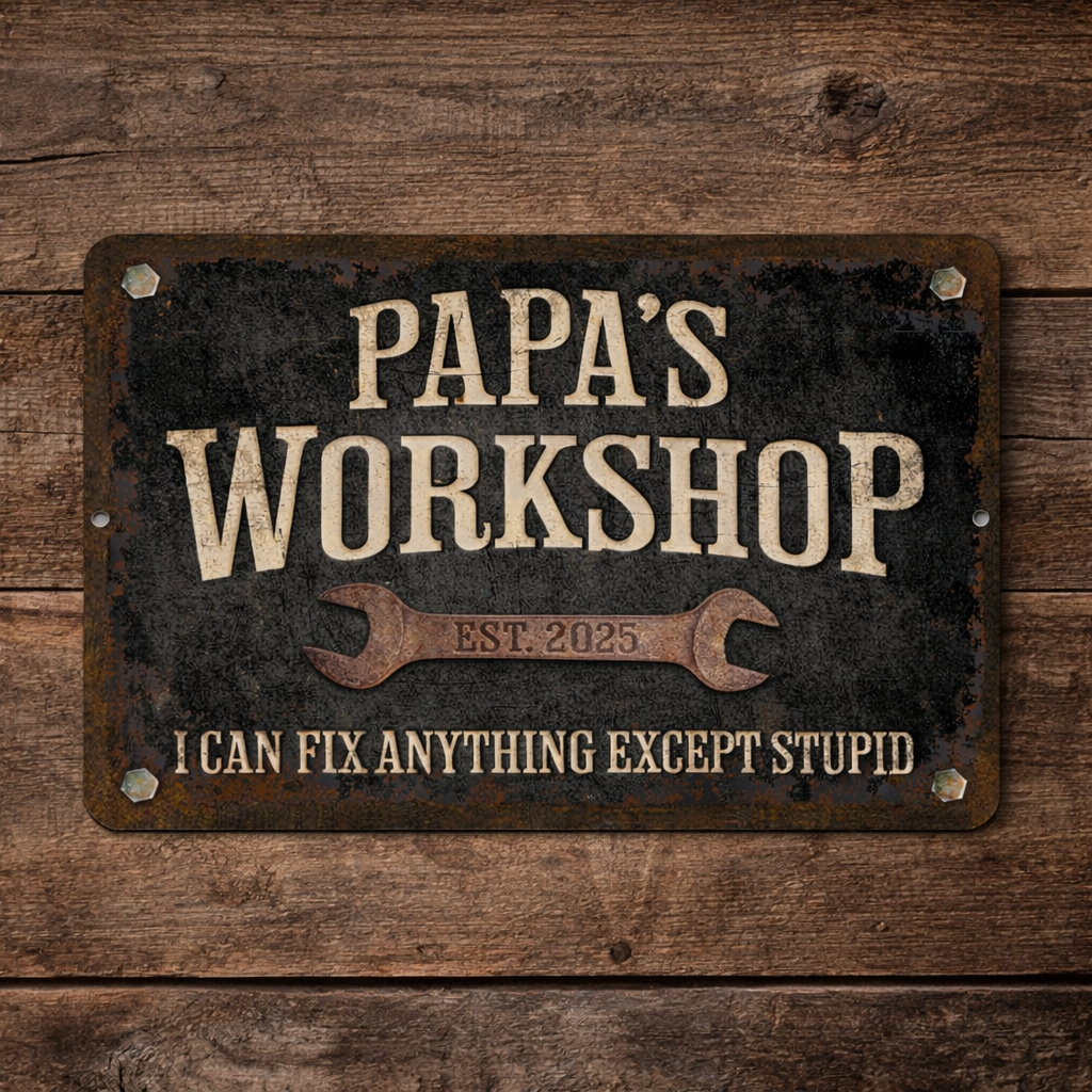 Custom Workshop Sign, Dad's Workshop, Metal Garage Sign, Personalized Gift for Dad Grandpa