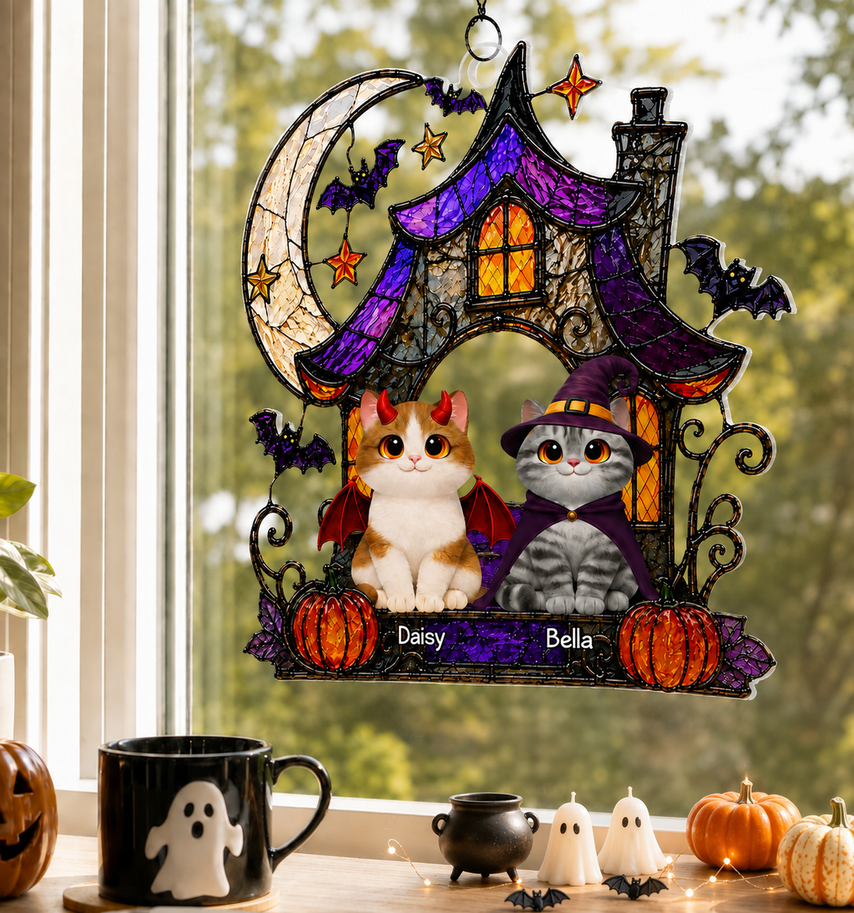 Halloween Haunted House Spooky Cats - Personalized Acrylic Suncatcher - Halloween Gift For Cat Lovers, Halloween Decor
