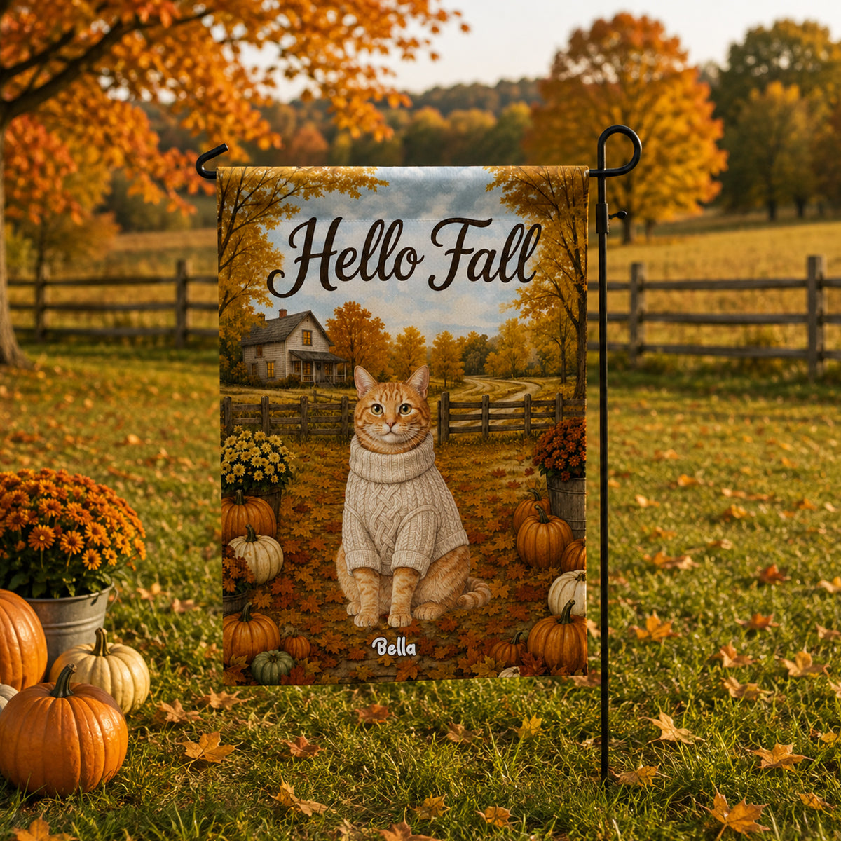Vintage Dog Cat Hello Fall Photo Upload - Personalized Garden Flag - Fall Season Gift For Dog Mom, Cat Mom