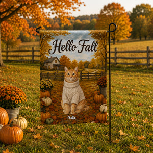 Vintage Dog Cat Hello Fall Photo Upload - Personalized Garden Flag - Fall Season Gift For Dog Mom, Cat Mom