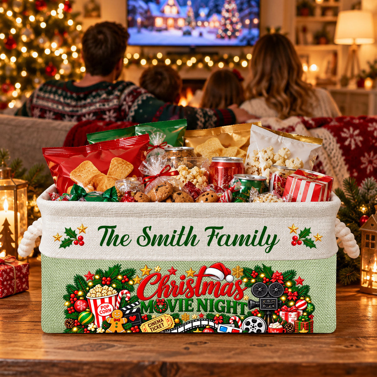 Christmas Movie Night Basket - Supplies Snack Storage Basket With Handles - Personalized Storage Basket
