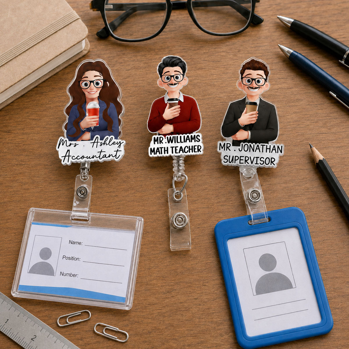 Custom Character For Teacher, Coworker, Boss With Name - Personalized Acrylic Badge Reel