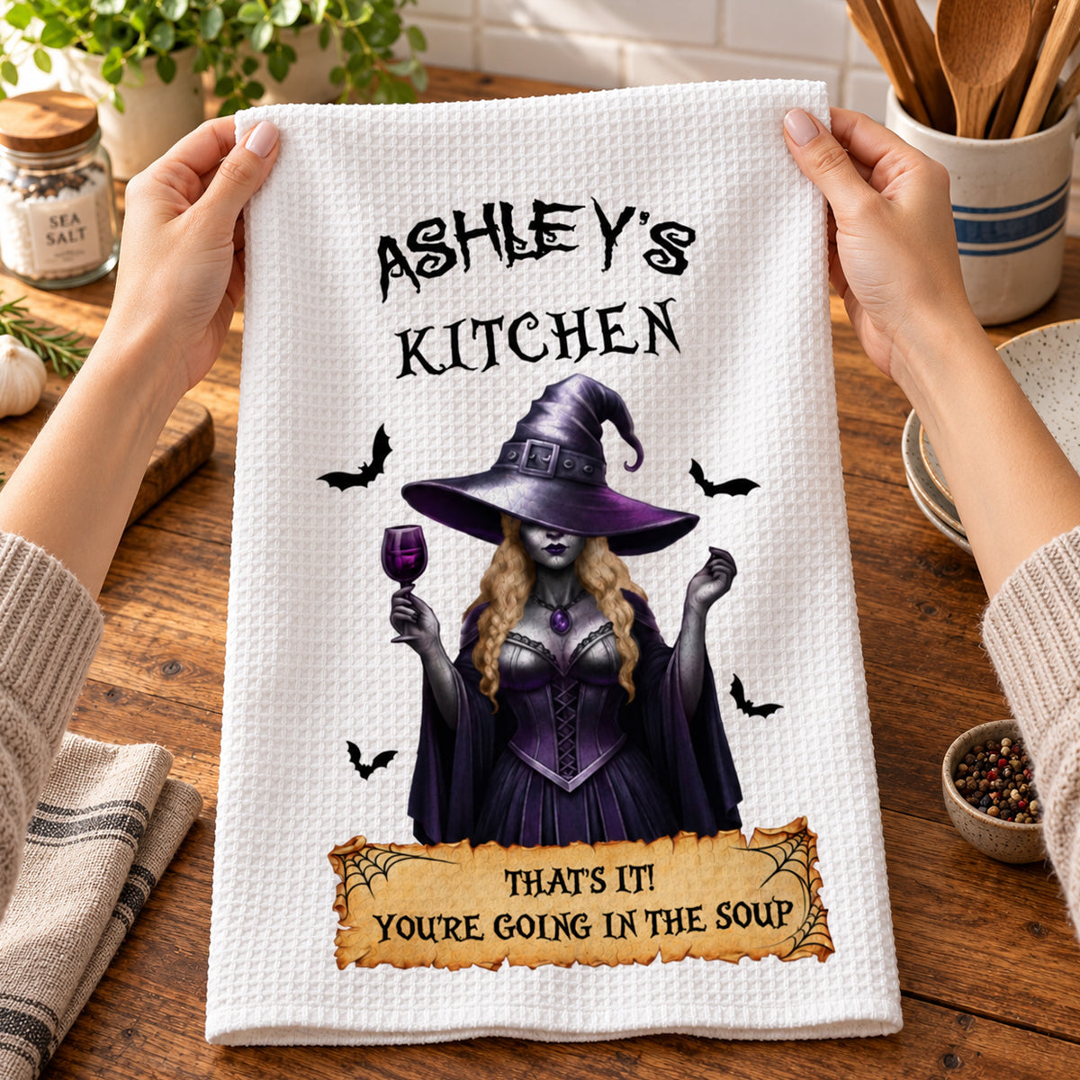 That's It You're Going In The Soup - Custom Witchy Kitchen Towel - Personalized Halloween Birthday Gifts