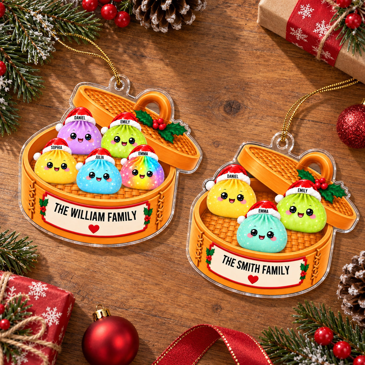 Personalized Glitter Dumpling Ornament, Dim Sum Acrylic Family Ornament