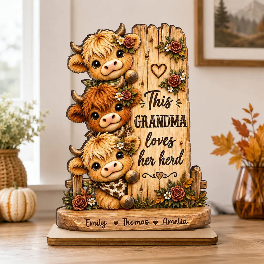 This Grandma Loves Her Herd - Personalized 2-Layered Wooden Plaque - Cozy Fall Decor for Grandma