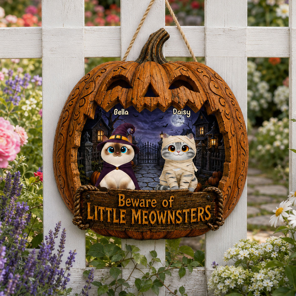 Spooky Halloween Pumpkin Cats - Personalized Wood Sign - Halloween Decor For Cat Lovers