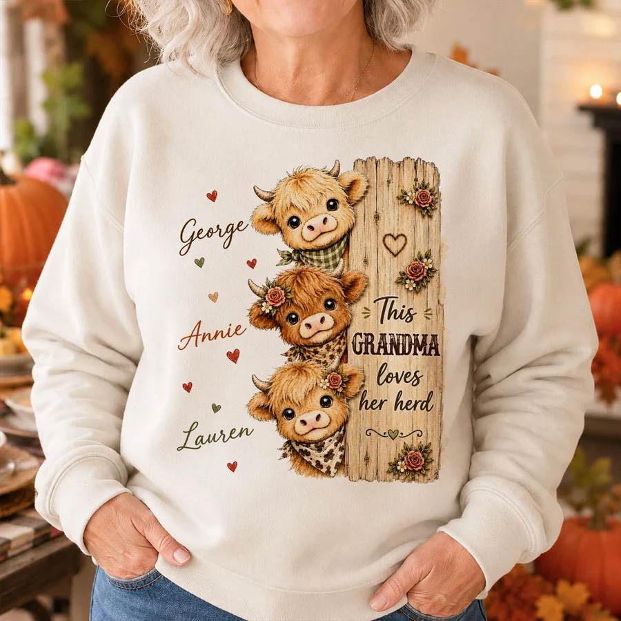 This Grandma Loves Her Herd Highland Cow - Personalized Shirt - Cozy Fall Shirt for Grandma