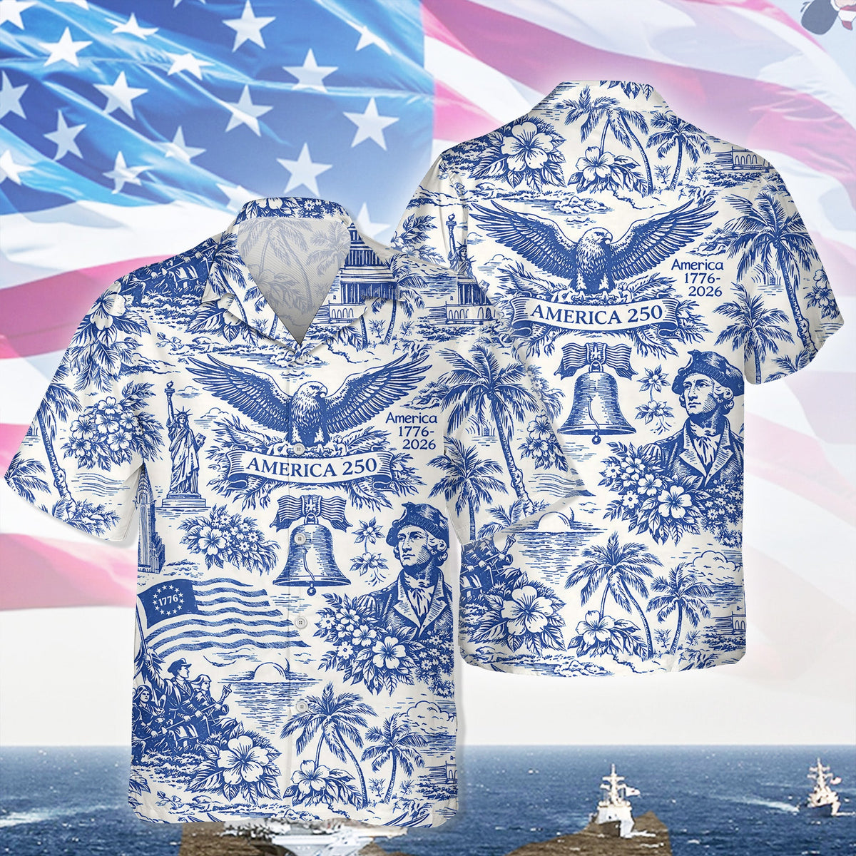 America 250th Anniversary Toile De Jouy Style Patriotic Hawaiian Shirt