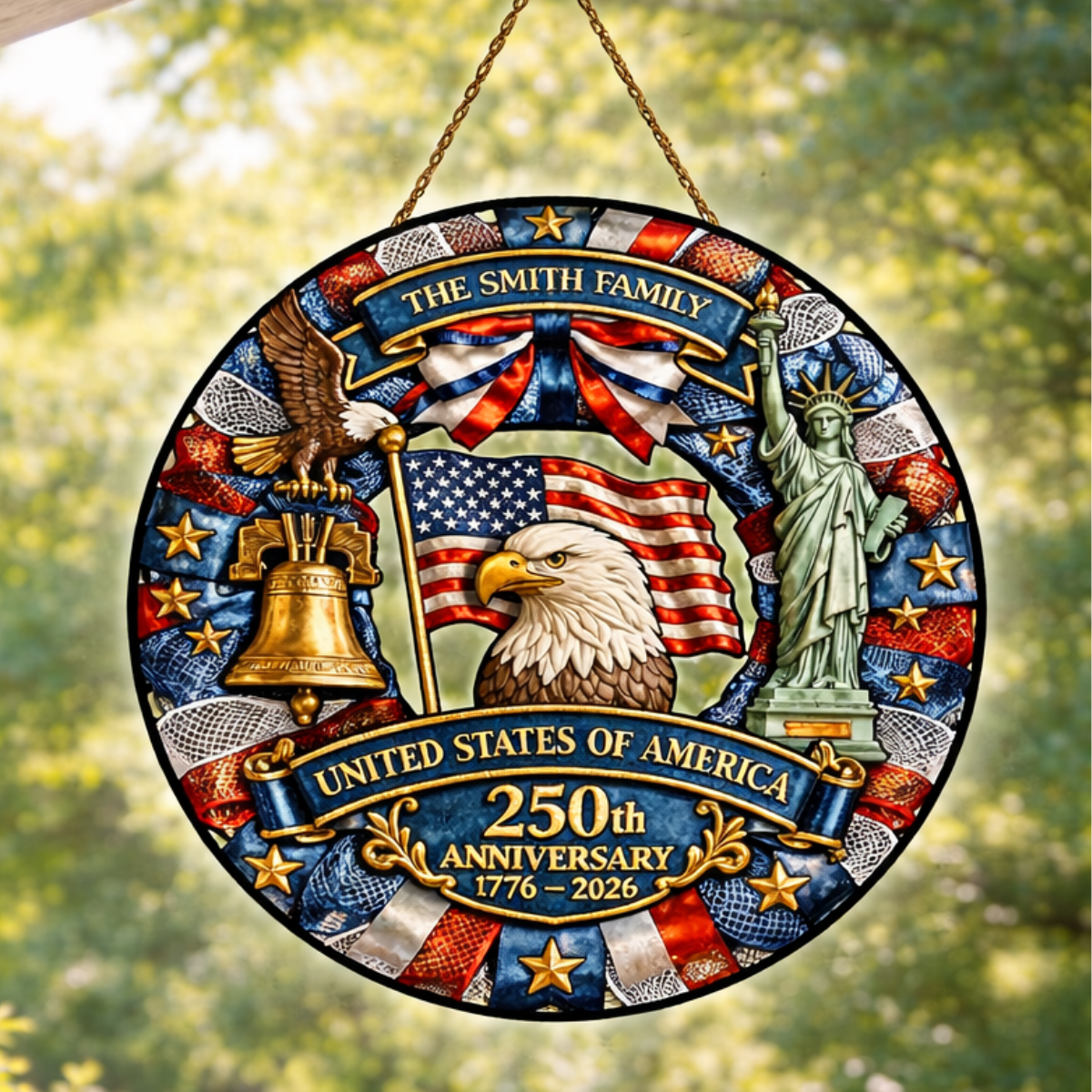 Personalized Patriotic Stained Glass Suncatcher, 4th of July Anniversary, Custom Family Name Window Decor