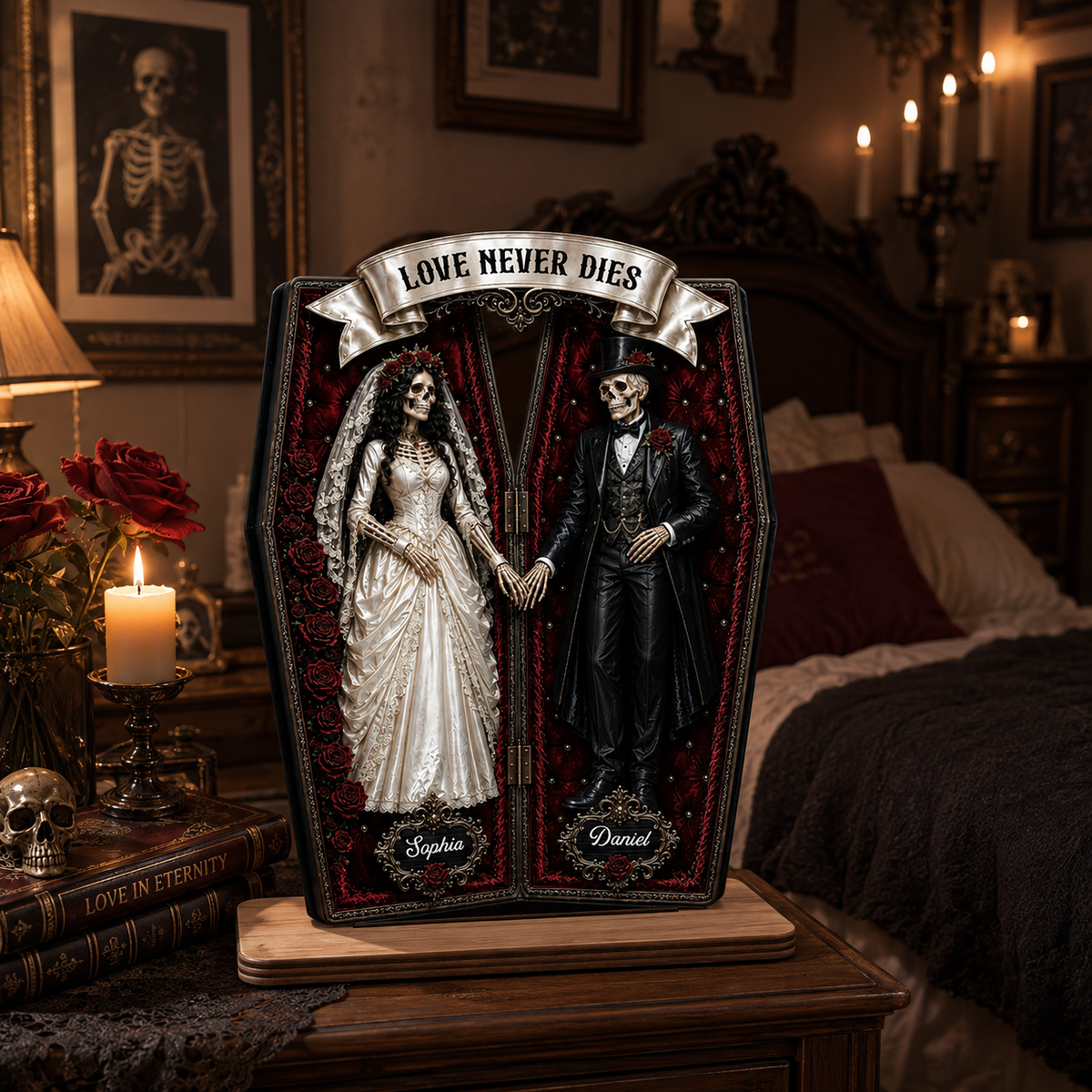 Love Never Dies - Personalized 2 Layer Wooden Plaque - Gift For Lovers Halloween