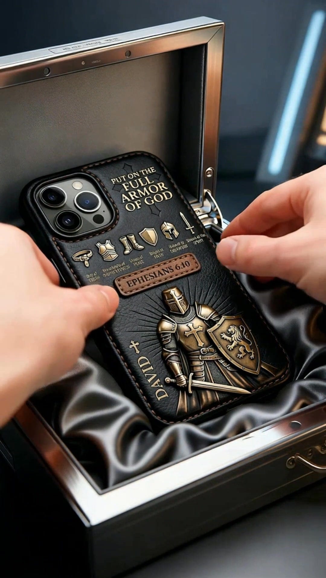 Personalized Armor of God Phone Case, Christian iPhone Case for Men, Ephesians 6:10 Scripture Case, Custom Name Leather Armor Design, Faith Gift