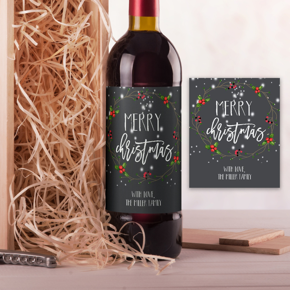 Christmas Wine Label, Merry Christmas Personalized Christmas Wine Bottle Label, Custom Family Name