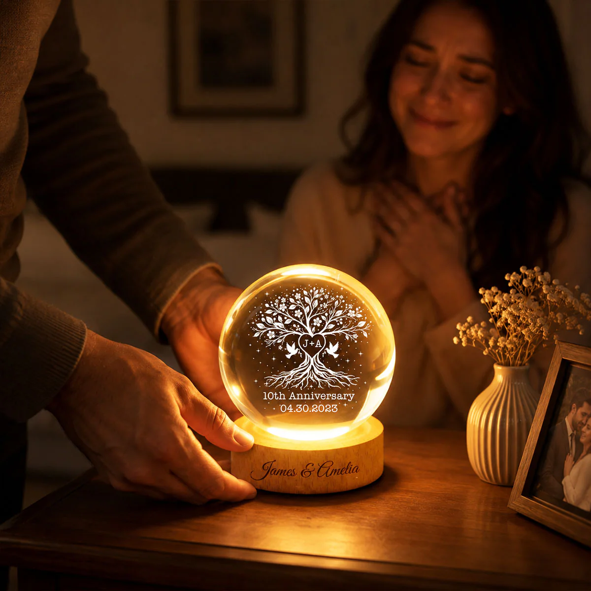 Wedding Anniversary Tree of Life - Personalized Crystal Ball LED Night Light - Heartfelt Gift for Her, Gift for Him