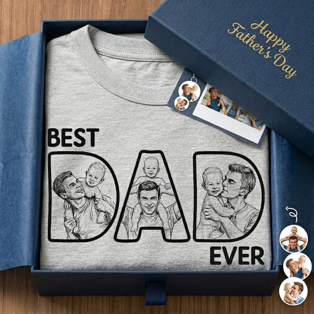 Custom Photo Bold Sketch Best Dad Ever - Personalized T Shirt