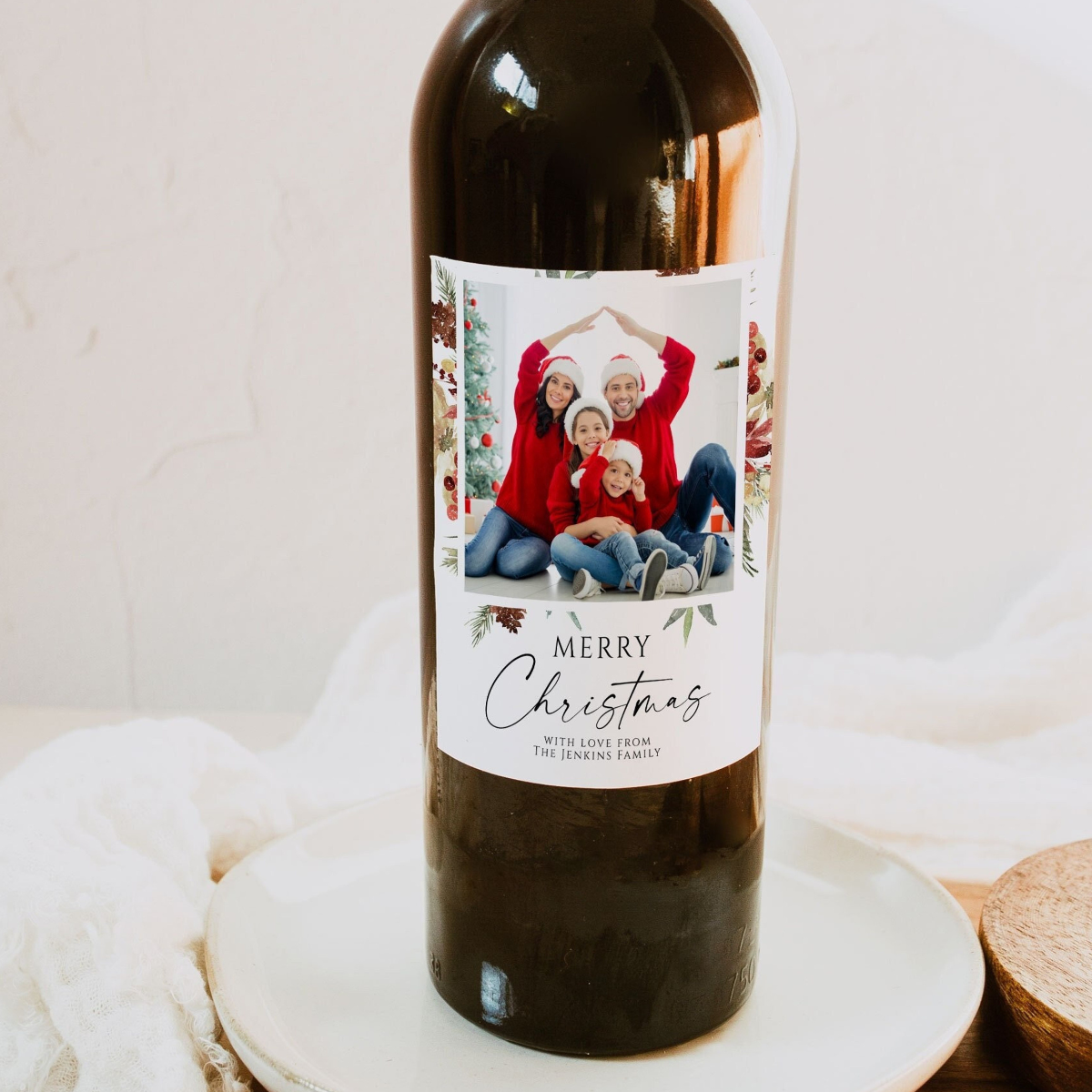 Modern Christmas Wine Bottle Label with Photo, Poinsettia Holly Photo Wine Bottle Labels, Christmas Gift For Family