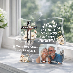 A Cord Of Three Strands Is Not Easily Broken - Personalized Puzzle Acrylic Plaque - Christian Gift For Couple