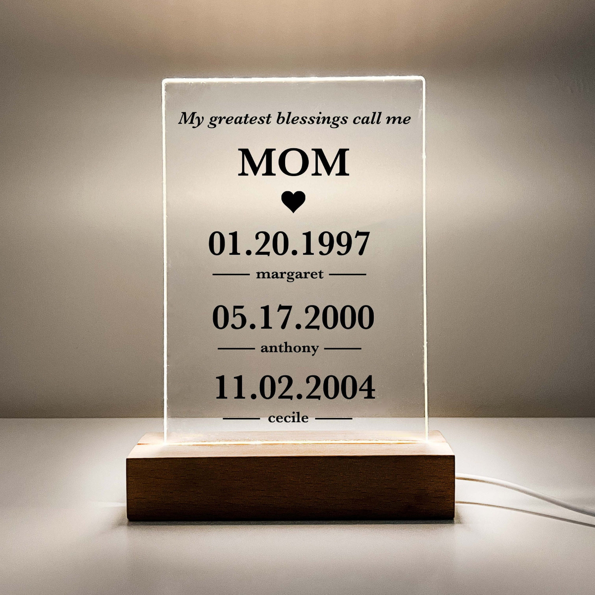 Custom LED Wood Stand Personalized Gifts for Her Night Light Up Lamp Mom Mother Grandma Mother's Day With Children's Name & DOB Gift For Mom