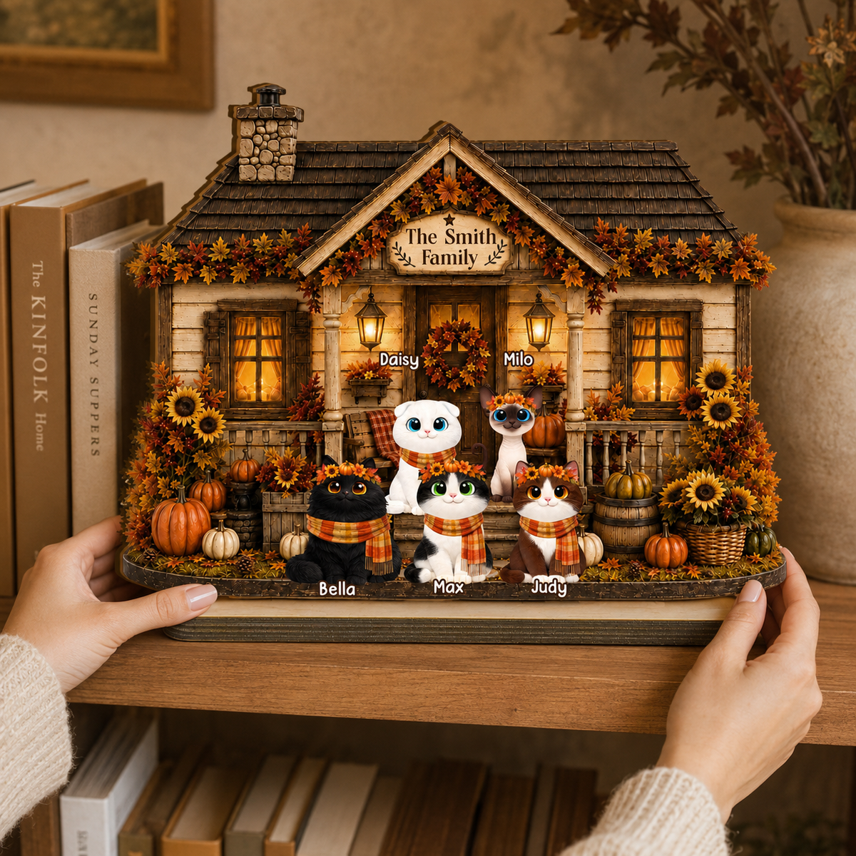Personalized Fall Season Cat House Wooden Plaque, Custom Fall Pumpkin Shelf Display, Thanksgiving Gift For Family, Cozy House Decor, Autumn Table Sign