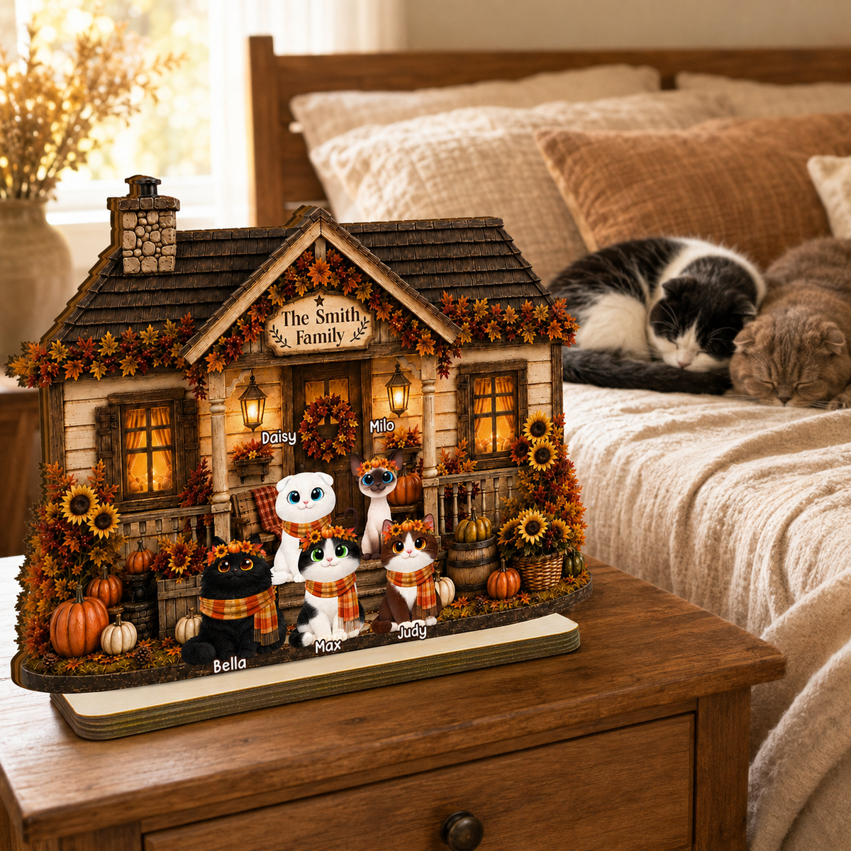 Personalized Fall Season Cat House Wooden Plaque, Custom Fall Pumpkin Shelf Display, Thanksgiving Gift For Family, Cozy House Decor, Autumn Table Sign
