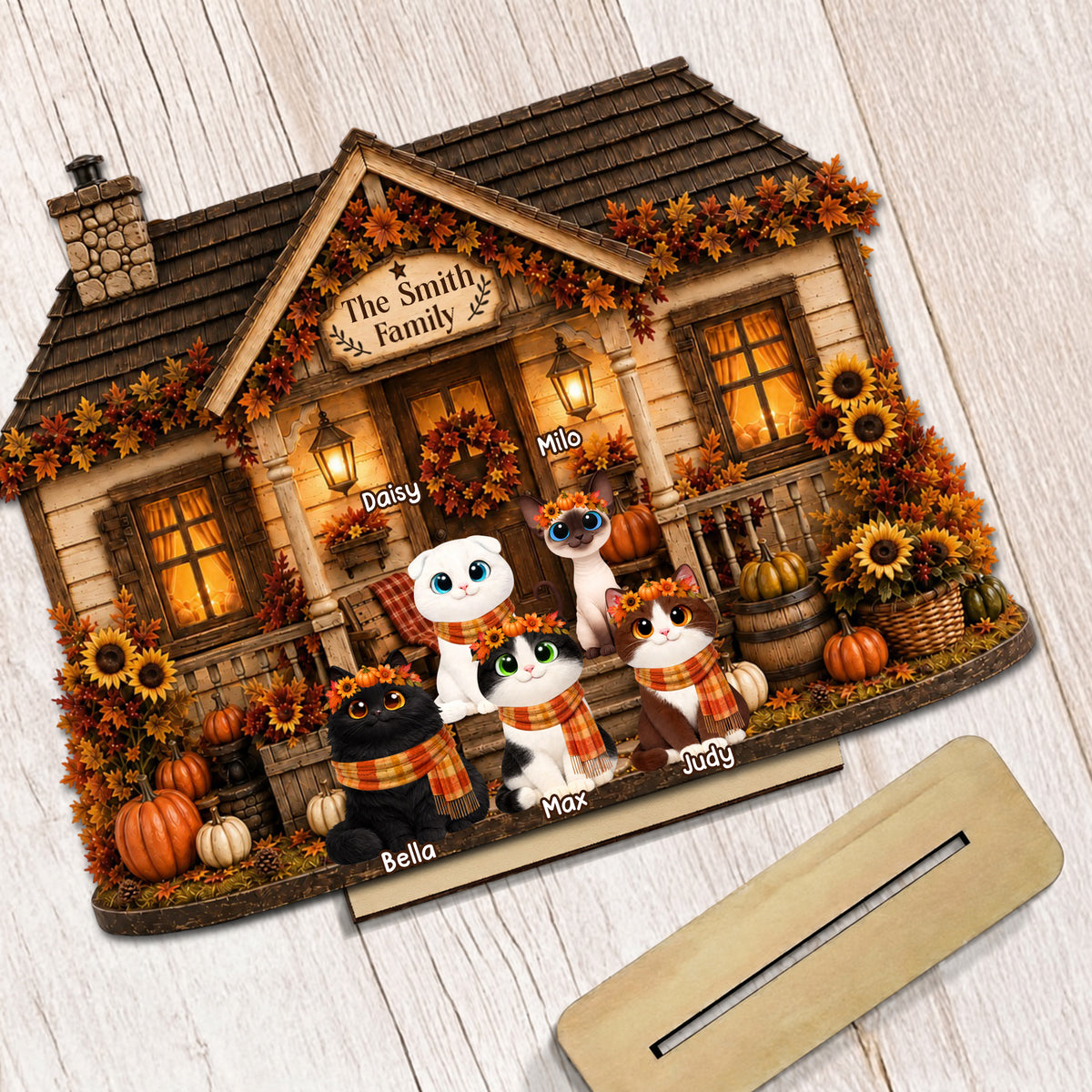 Personalized Fall Season Cat House Wooden Plaque, Custom Fall Pumpkin Shelf Display, Thanksgiving Gift For Family, Cozy House Decor, Autumn Table Sign
