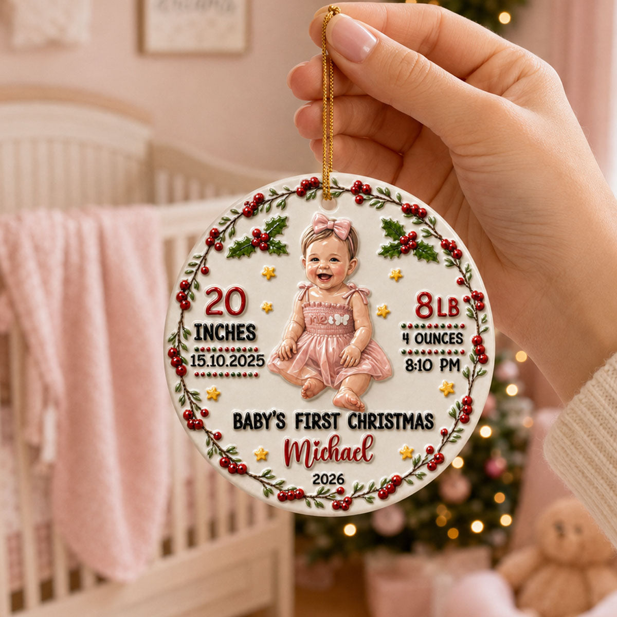 Watercolor Baby's First Christmas Photo - Real 3D Raised Ornament