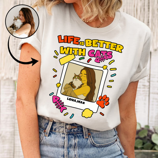 Life Is Better With My Cats Custom Cat Mom Gift - Personalized Simpsonized Pet Parent Christmas Gift For Cat Lovers with Custom Photo Shirt Cat Mom Shirt Cat Dad Shirt