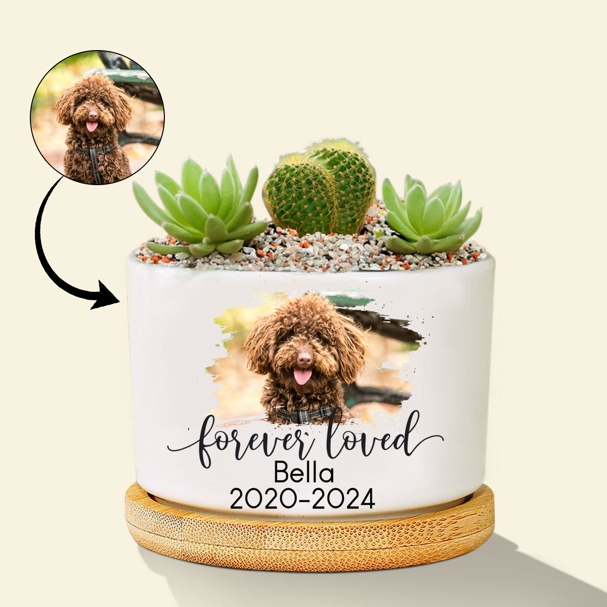 Personalized Dog Photo Memorial Gift Planter Ceramic Pot w/ Bamboo Tray - Forever Loved - Dog Sympathy Gift - Pet Memorial