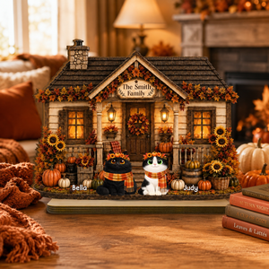 Personalized Fall Season Cat House Wooden Plaque, Custom Fall Pumpkin Shelf Display, Thanksgiving Gift For Family, Cozy House Decor, Autumn Table Sign