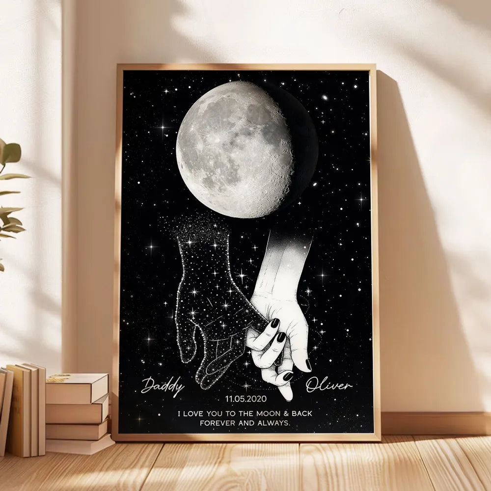 Lost Loved One Holding Hands Moon Phase Galaxy Art Memorial Sympathy Gift Personalized Poster