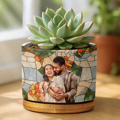 Custom Photo Stained Glass Portrait Family Photo - Personalized Ceramic Plant Pot - Gift For Mother, Grandma, Family