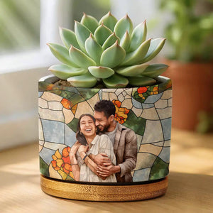 Custom Photo Stained Glass Portrait Family Photo - Personalized Ceramic Plant Pot - Gift For Mother, Grandma, Family