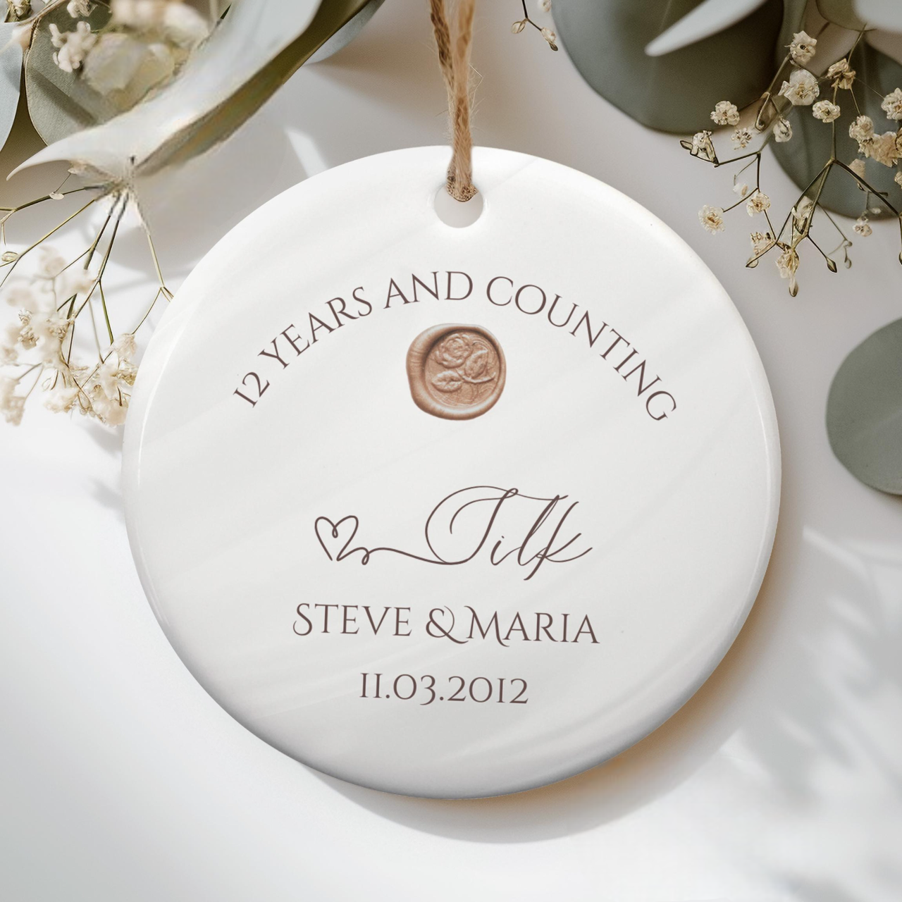 Personalize 12th Anniversary Ornament, Silk Wedding Anniversary Gift, Twelfth Year Anniversary Ceramic Ornament, 12 Years Married Keepsake Gift